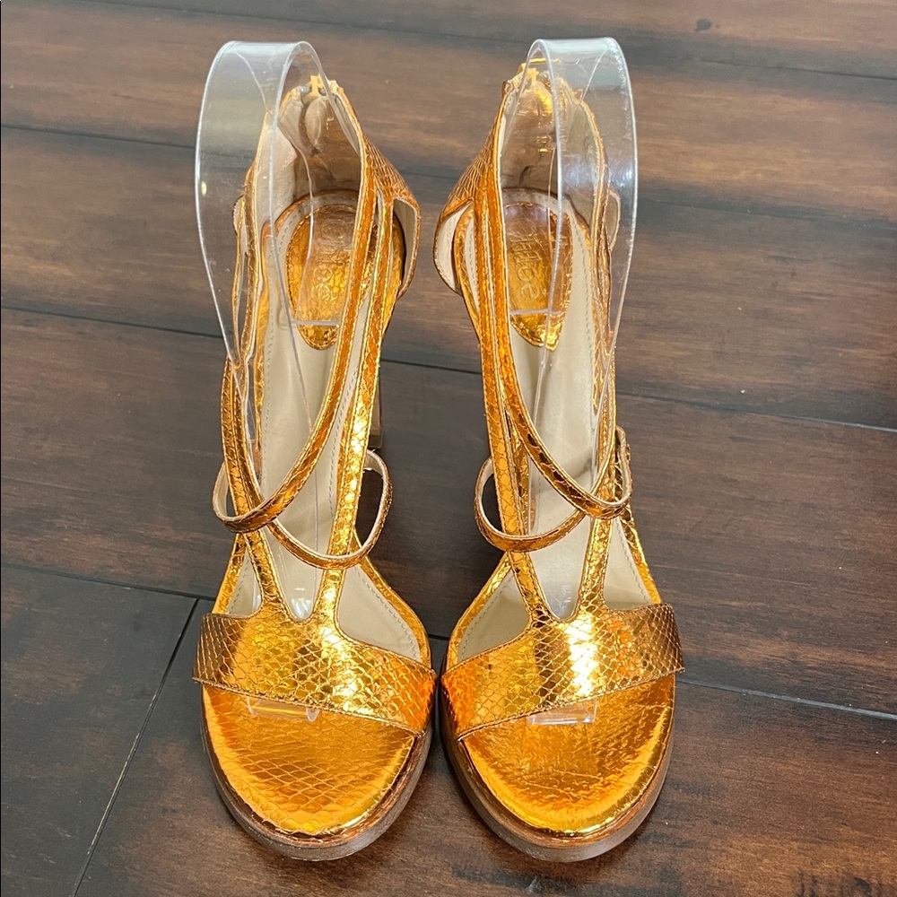 Chloe Women's Python Leather Sandals Heels Criss Cross Metallic Bronze size 36.5 - Picture 2 of 9